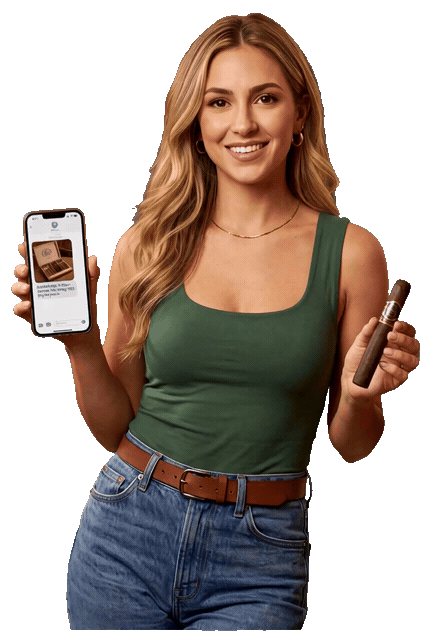 CigarsByText ambassador holding a phone and a cigar